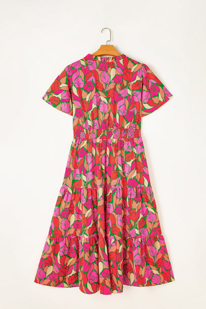 Floral Short Sleeve Smocked Waist Maxi Dress | Rose