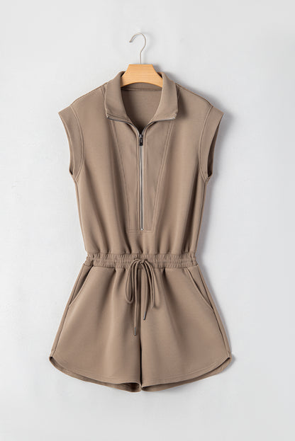 Textured Short Sleeve Half Zip Drawstring Waist Romper | Dark Khaki