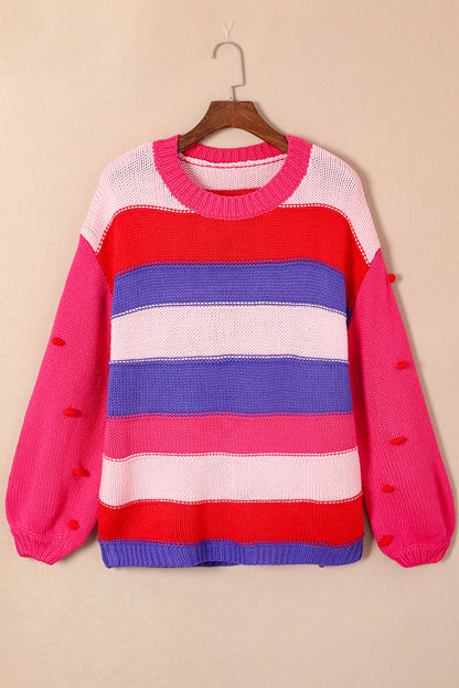 Plus Size Striped Knit Pompom Puff Sleeve Sweater | Pink