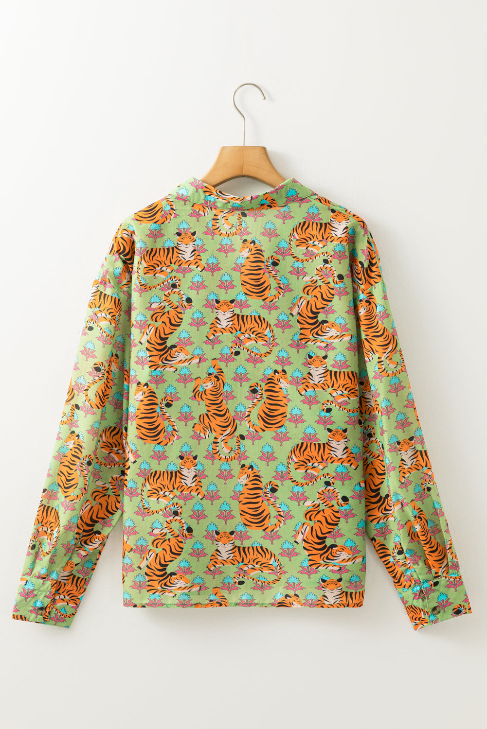 Tiger Floral Printed Collared V Neck Casual Shirt | Green