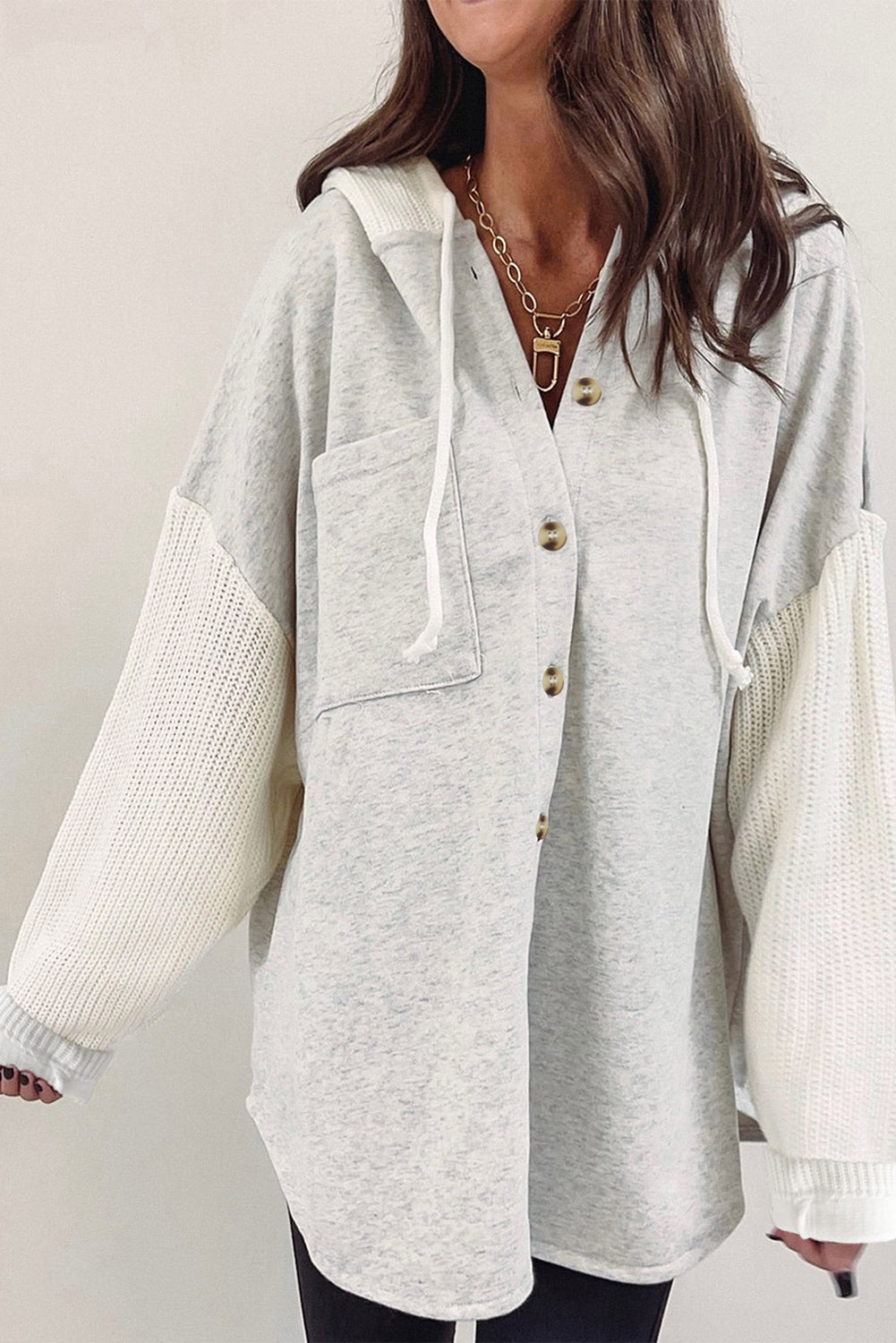 Button Up Contrast Knitted Sleeves Hooded Jacket | Gray