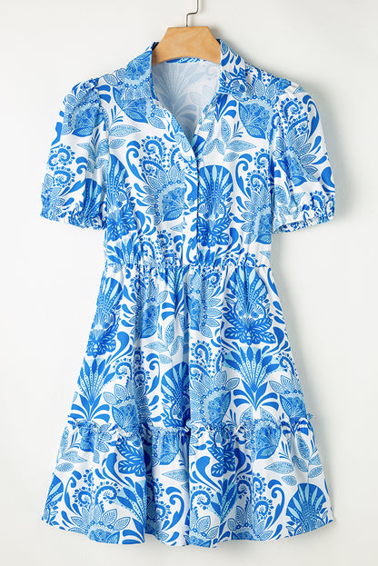 Retro Floral Print Drawstring Waist Ruffled Mini Dress | Sky Blue