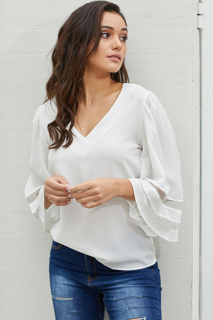 Flare Sleeve V Neck Loose Blouse | White