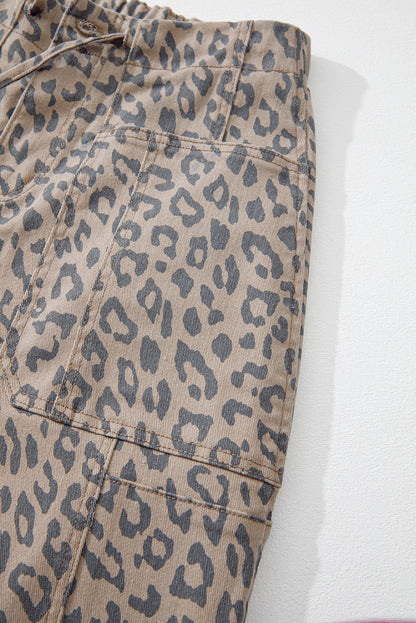 Leopard Printed Drawstring Waist Pocketed Wide Leg Jeans | Khaki