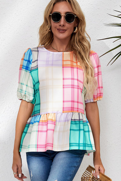 Bold Plaid Colour Block Puff Sleeve Peplum Top | Multicolour