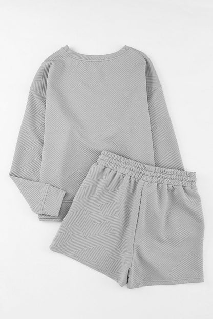 Textured Long Sleeve Top And Drawstring Shorts Set | Gray