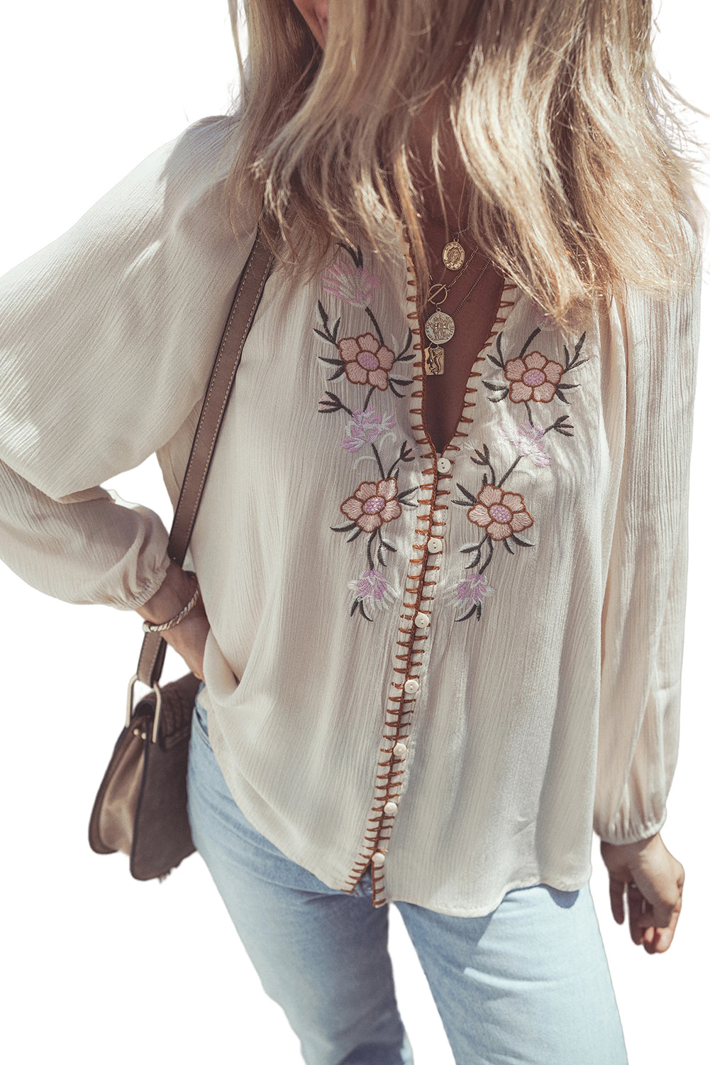 Floral Embroidered Textured Puff Sleeve Loose Shirt | Beige