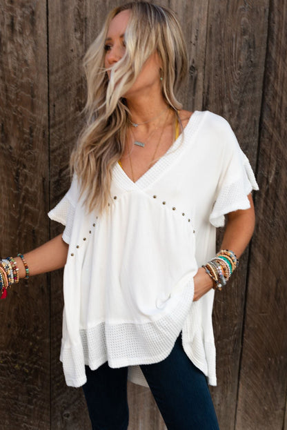 Contrast Knit Splicing V Neck Studded Blouse | White