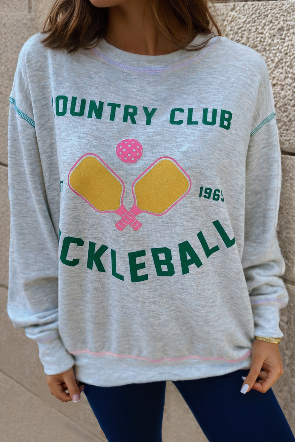 Country Club Pickleball Graphic Exposed Stitching Casual Sweatshirt | Light Grey