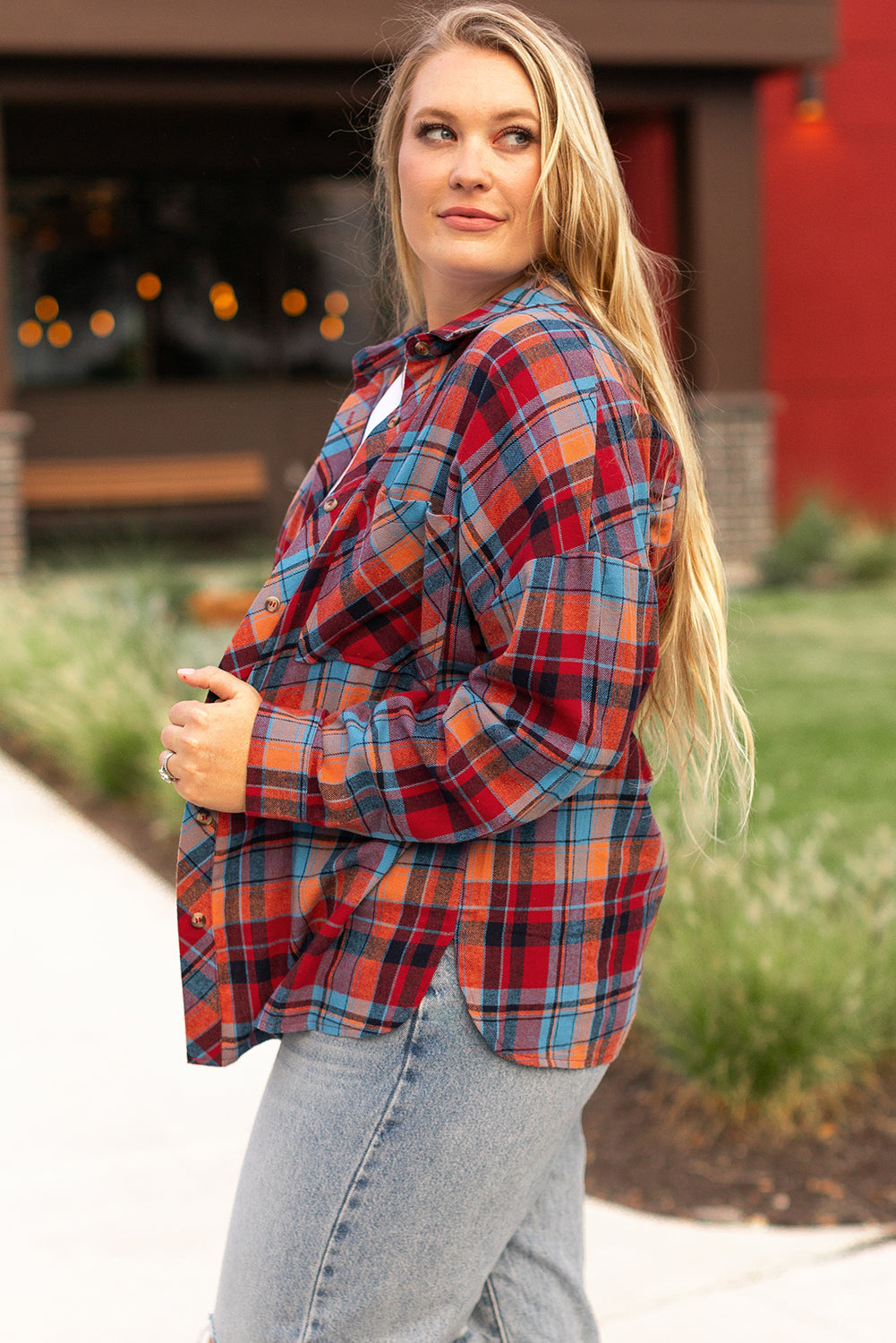 Plus Size Plaid Print Buttoned Shirt | Red