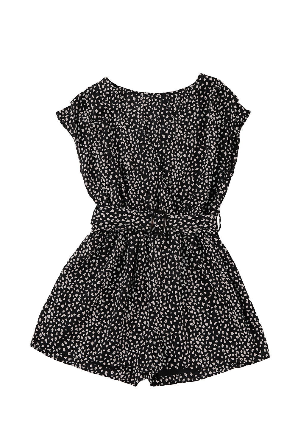 Leopard Print Belted V Neck Short Sleeve Romper | Black