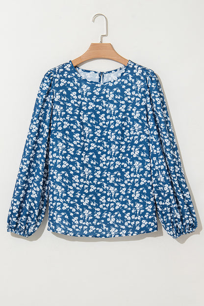 Ditsy Floral Print Lantern Sleeve Blouse | Blue