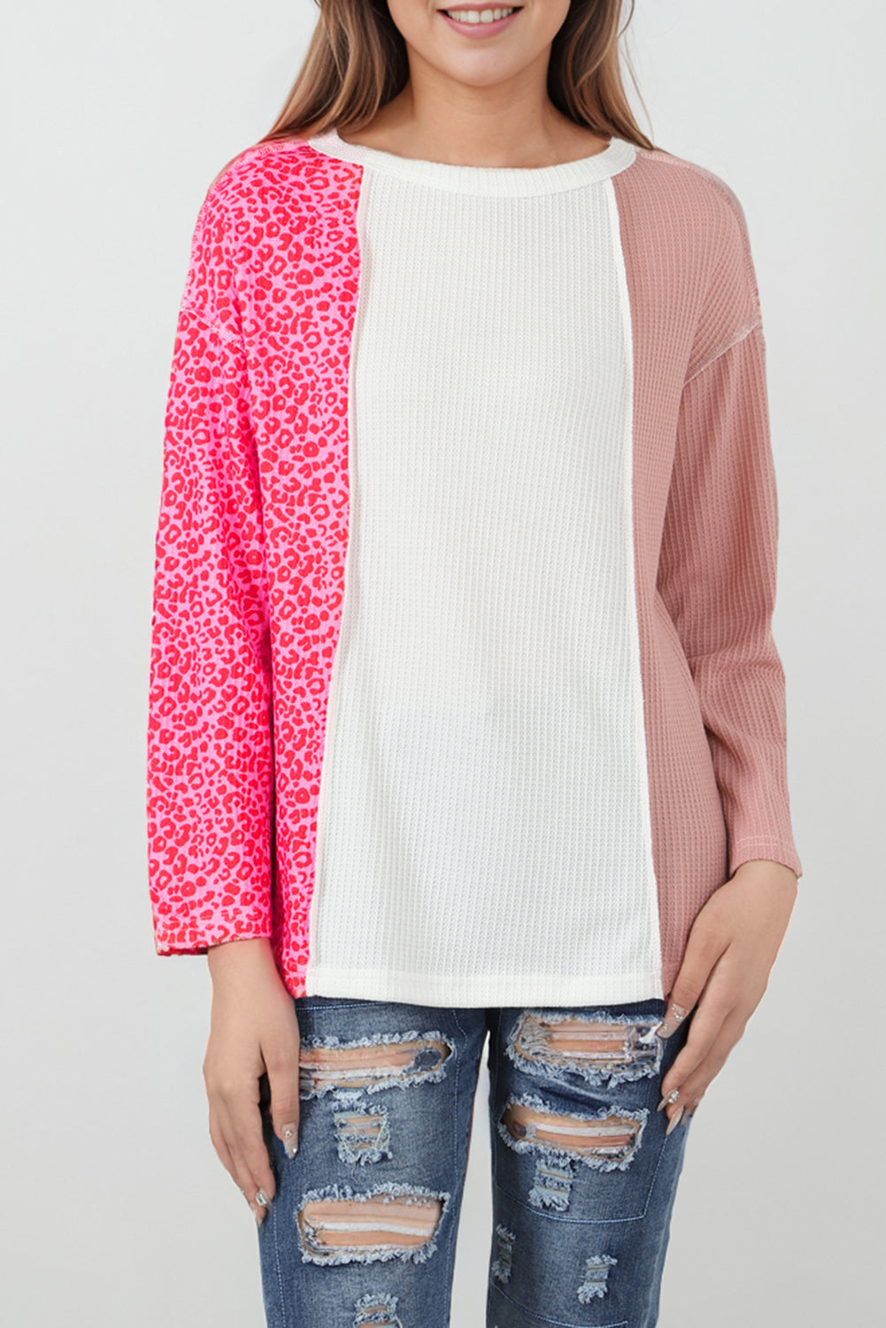 Waffle Knit Exposed Seam Leopard Colourblock Print Top | Pink