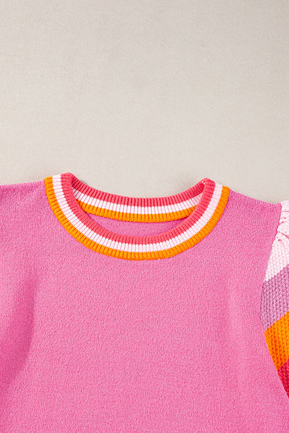 Contrast Flutter Sleeves Knitted Sweater T Shirt | Bright Pink