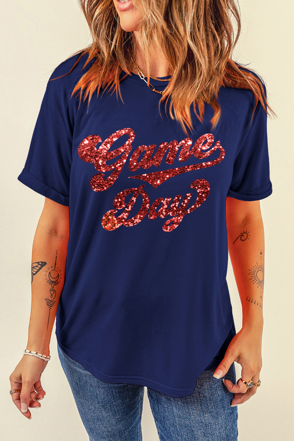 Glittering Game Day Graphic Cuffed Sleeve Crew Neck T Shirt | Blue