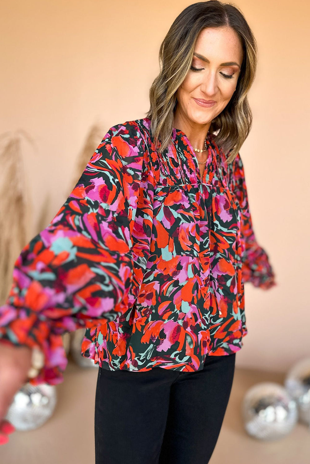 Abstract Floral Shirred Detail Puff Sleeve Blouse | Red Dahlia