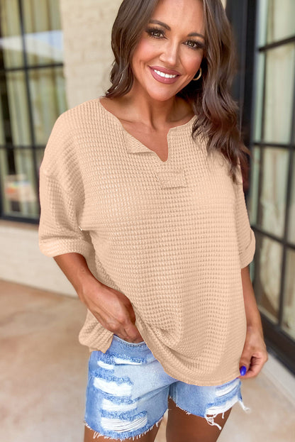 Textured Knit Split Neck Cuffed Short Sleeve Top | Parchment