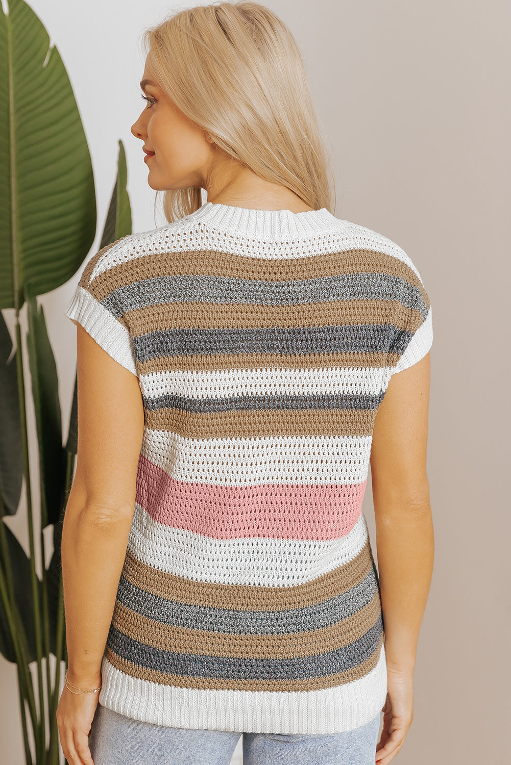 Colour Block Eyelet Knit Short Sleeve Sweater Tee | Pink Stripe