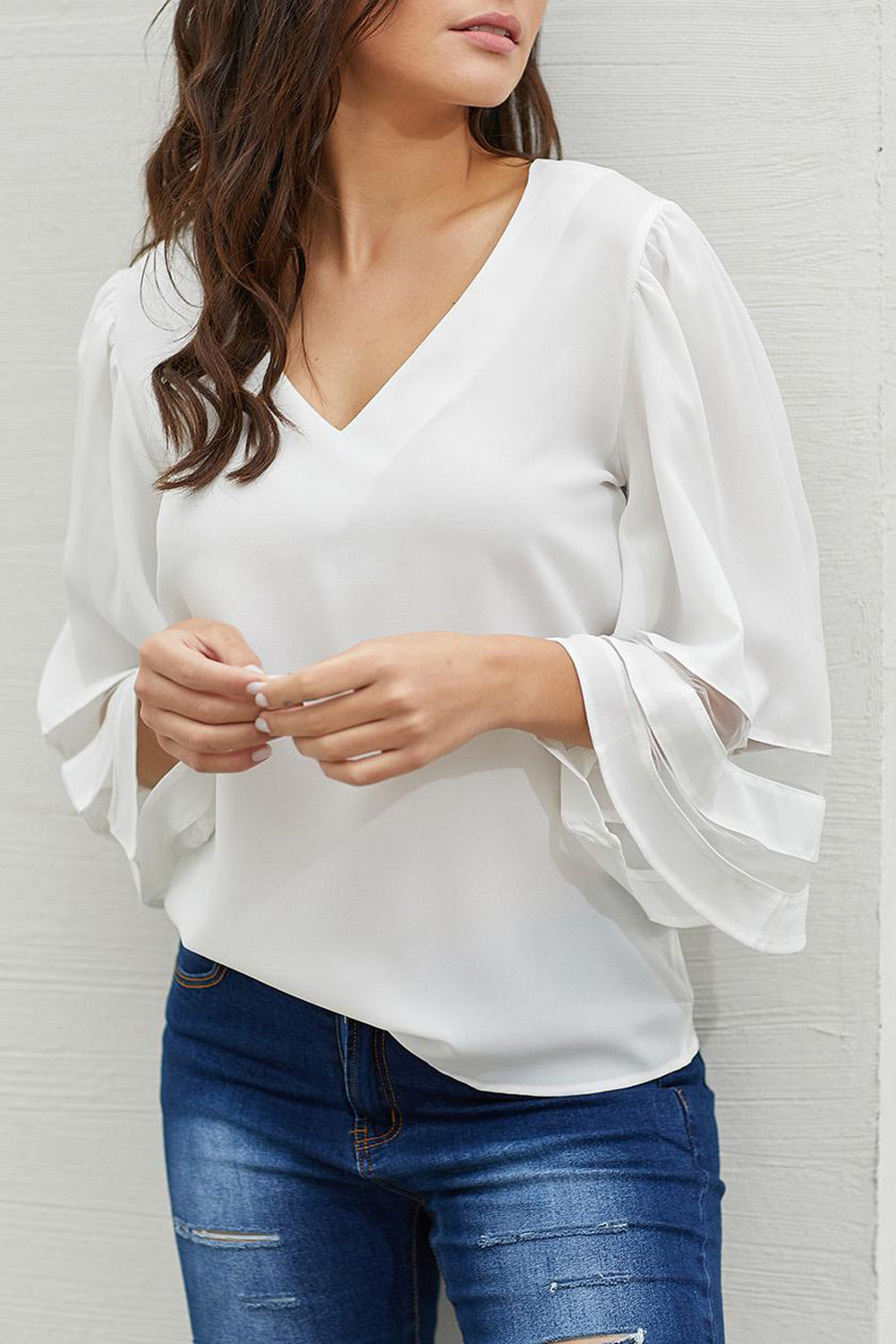 Flare Sleeve V Neck Loose Blouse | White