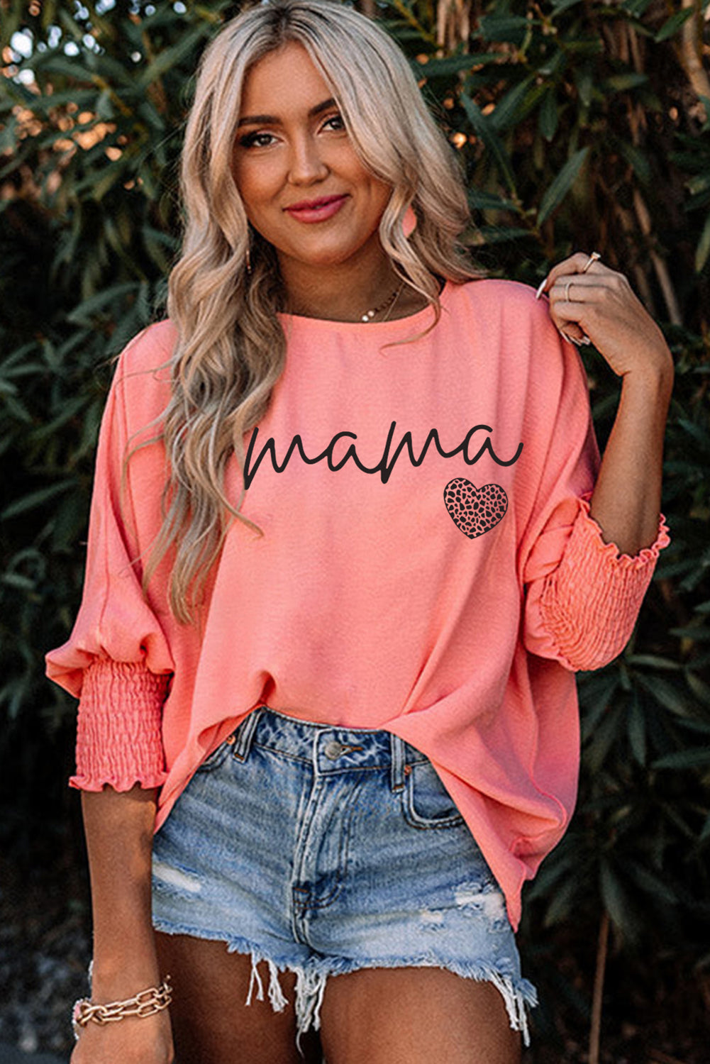 Mama Leopard Heart Print Shirred 3/4 Sleeve Top | Pink