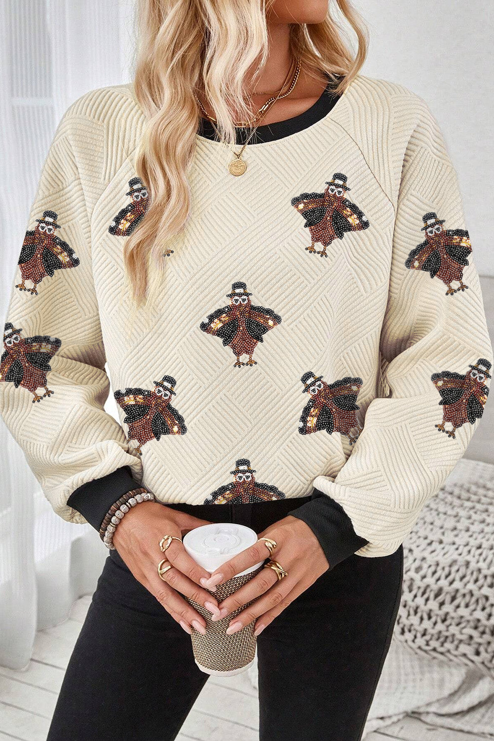 Textured Colourblock Edge Sequin Turkey Graphic Long Sleeve Top | Jet Stream