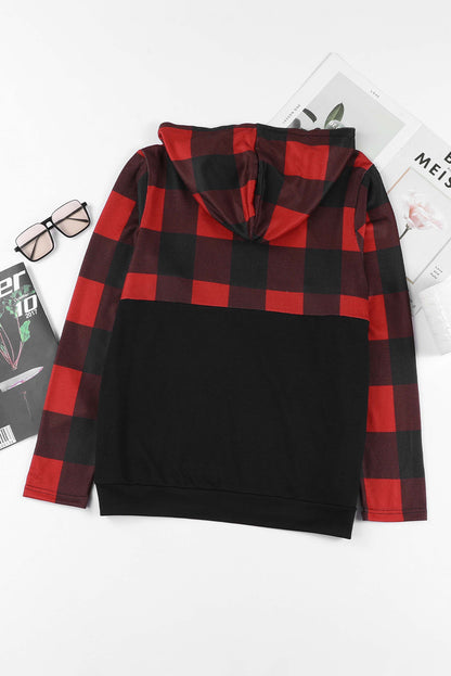 Contrast Buffalo Plaid Zip Pullover Hooded Top | Black