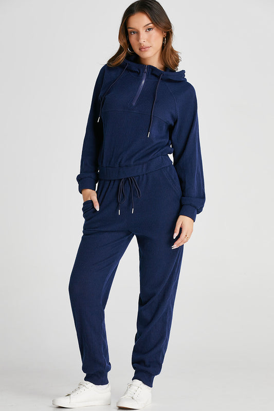 Ribbed Knit Cropped Hoodie And Drawstring Joggers Set | Navy Blue