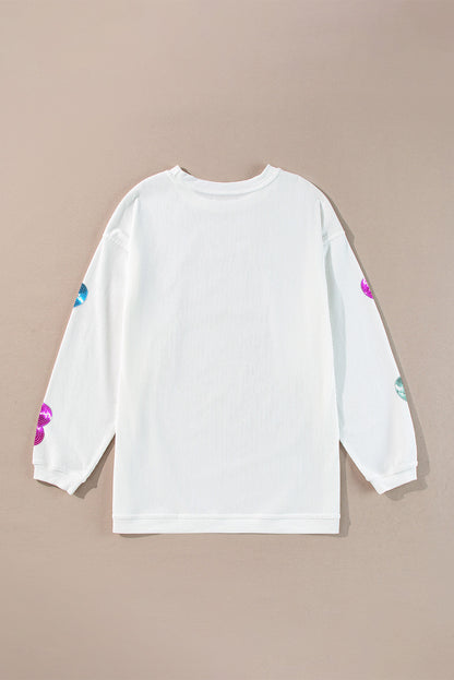 Valentines Slogan Heart Sequin Corded Baggy Sweatshirt | White