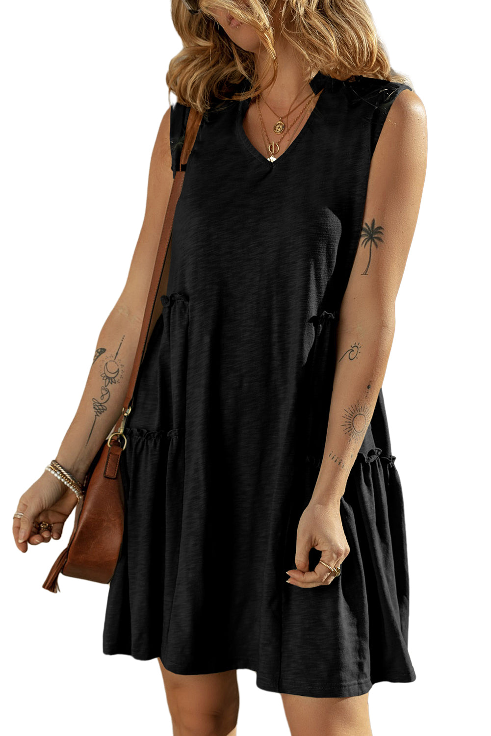 Split V Neck Tiered Flowy Sleeveless Dress | Black