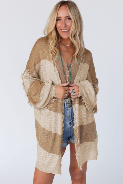 Lantern Sleeve Fringed Open Cardigan | Khaki Stripe