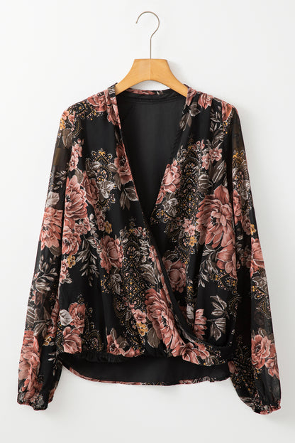 Floral Print Criss Cross V Neck Balloon Sleeve Blouse | Black