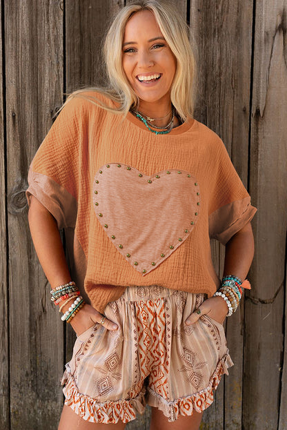 Stud Heart Patch Textured Front Dolman Top | Desert Gold