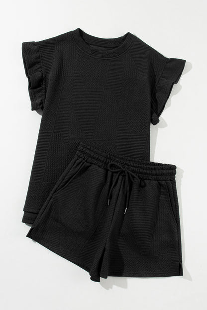 Textured Ruffle Split Top And Drawstring Shorts | Black