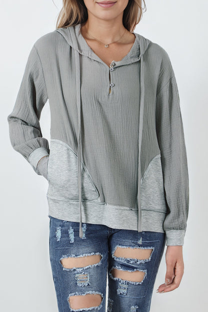 Contrast Patchwork Pullover Casual Hoodie | Gray