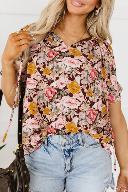 Floral Print Bubble Hem Split Neck Blouse | Pink