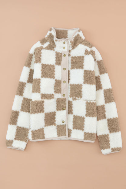 Checked Snap Button Sherpa Jacket | Brown