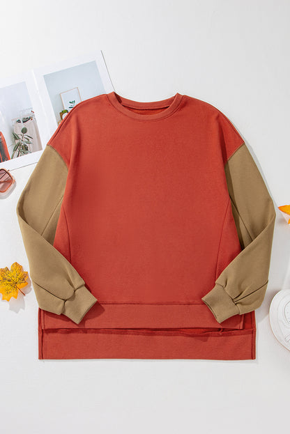 Two Tone Patchwork Drop Shoulder Pullover Sweatshirt | Gold Flame