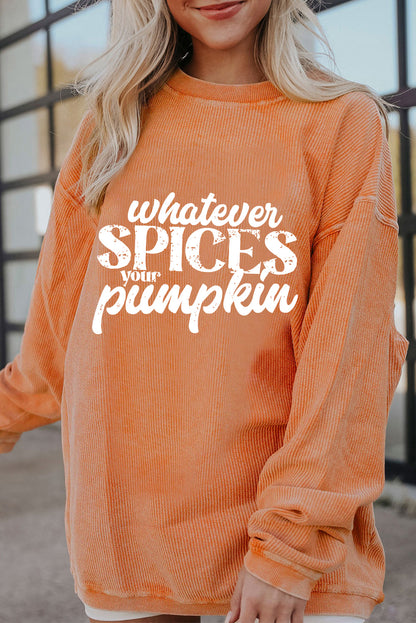 Whatever Spices Your Pumpkin Graphic Corded Pullover Sweatshirt | Orange