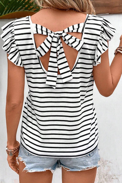 Butterfly Sleeve V Neck Hollowed Knot Back T Shirt | White Stripe