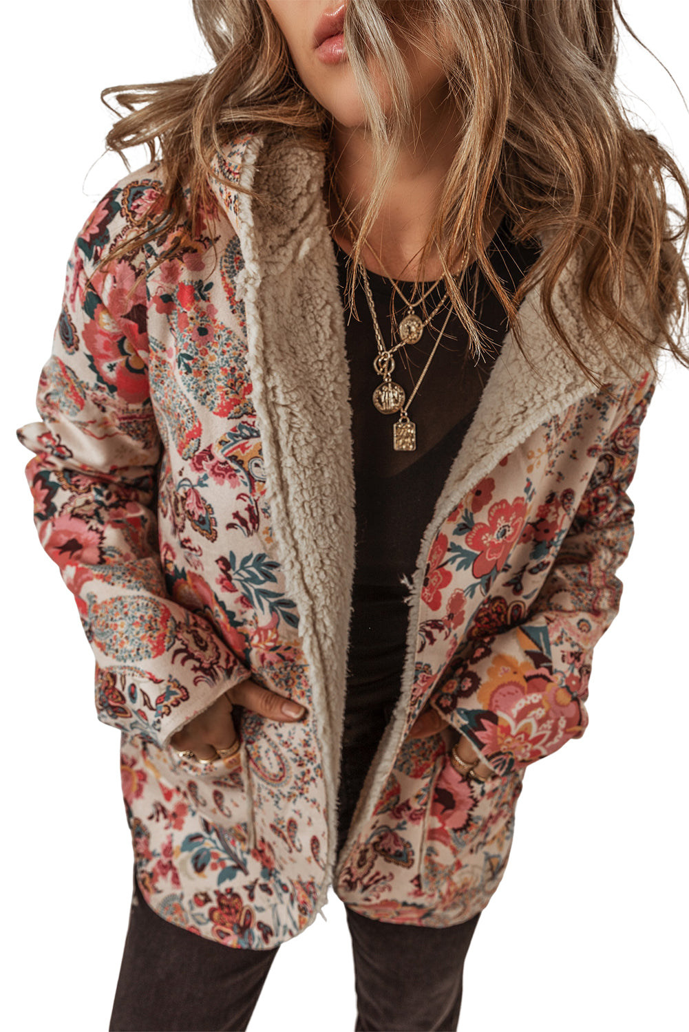 Vintage Paisley Floral Printed Sherpa Lined Hooded Jacket | Beige