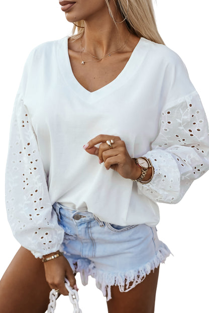 V-Neck Embroidered Patchwork Puff Sleeve Blouse | White