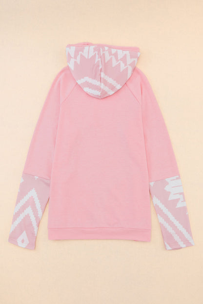 Aztec Print Patchwork Thumb Hole Hoodie | Pink