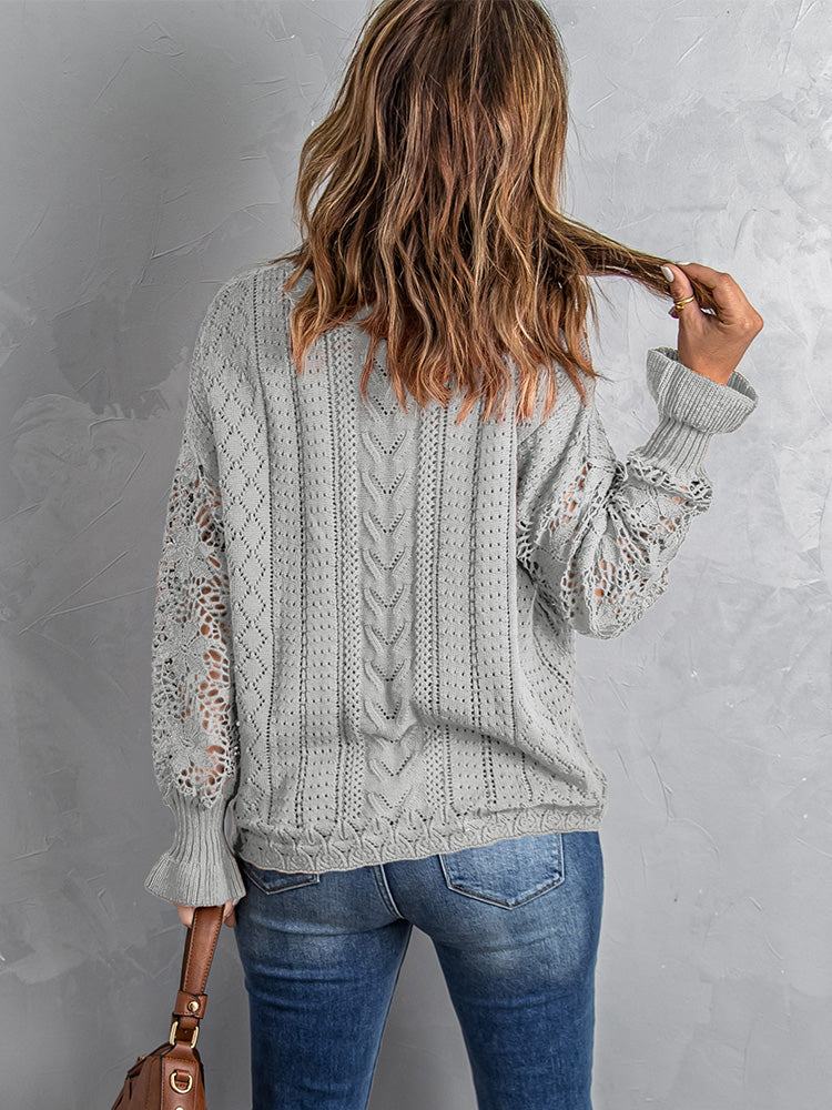 Crochet Lace Pointelle Knit Sweater | Gray