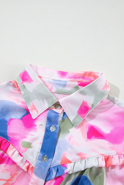 Abstract Printed Lantern Sleeve Frilled Button Front Collared Shirt | Multicolour