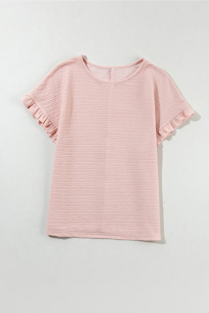 Solid Textured Ruffled Short Sleeve Blouse | Light Pink