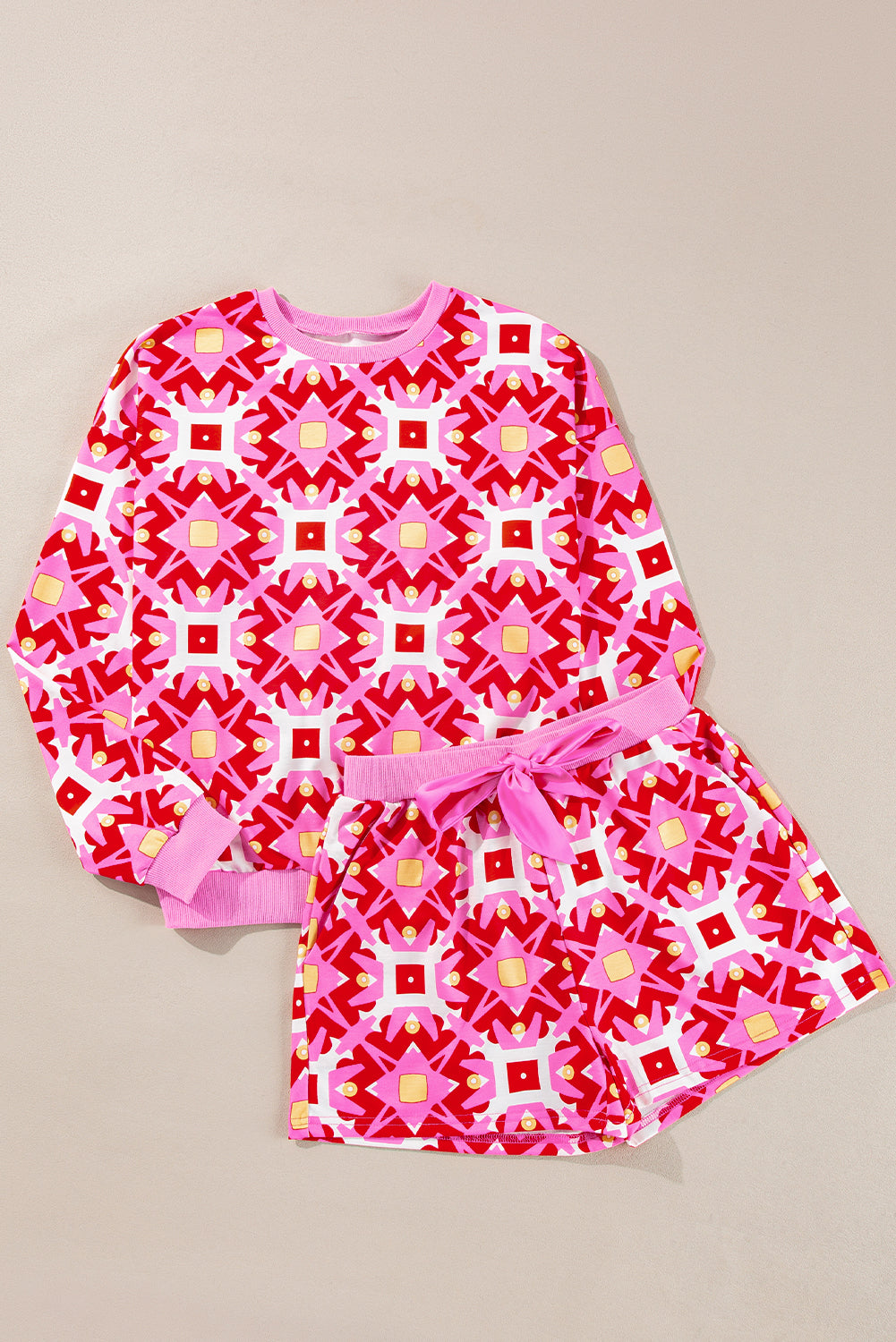 Geometric Print Long Sleeve Top And Drawstring Shorts Set | Sachet Pink