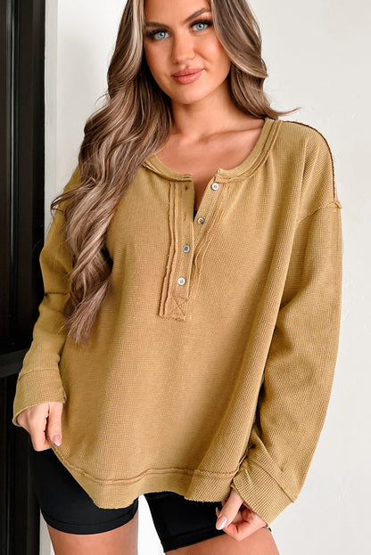 Textured Knit Half Button Drop Shoulder Oversized Top | Camel