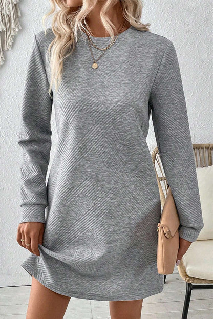 Solid Colour Textured Long Sleeve Shift Dress | Gray