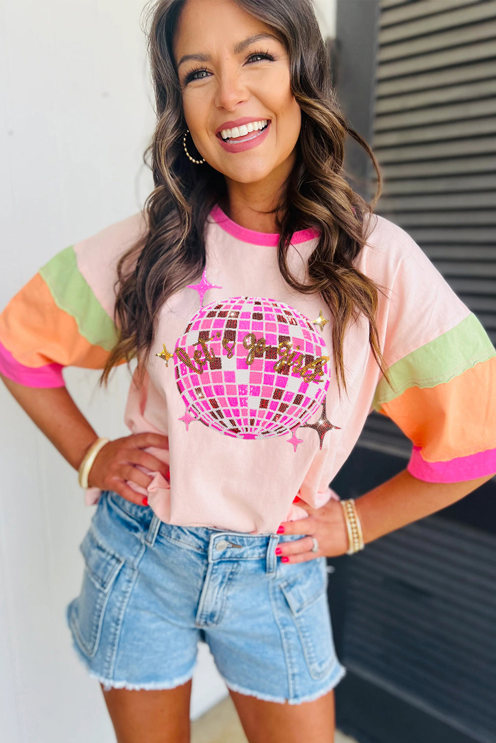 Sequin Disco Ball Colour Block Sleeve Graphic Tee | Pink