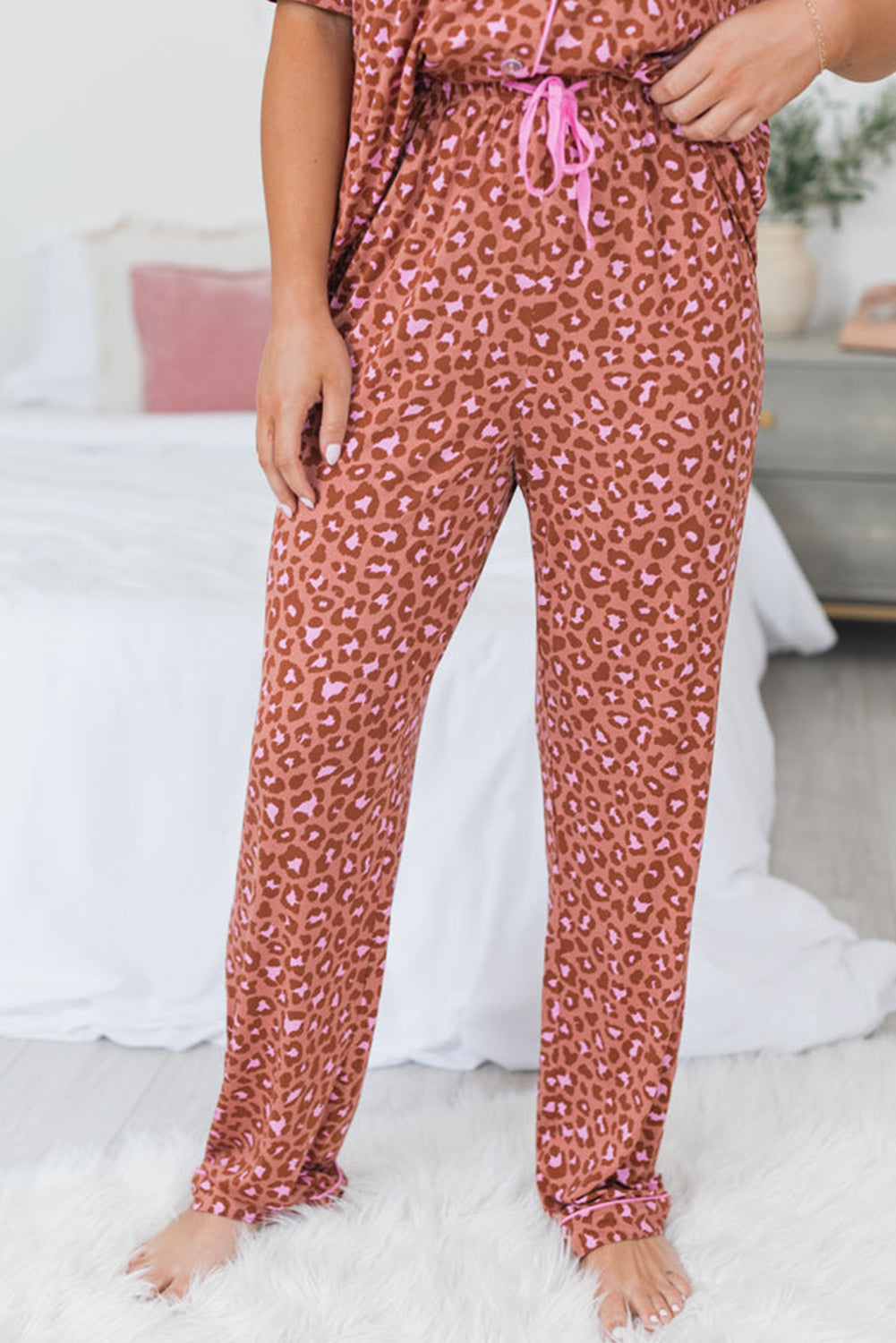 Leopard Print Short Sleeve Shirt And Pants Pajamas Set | Brown